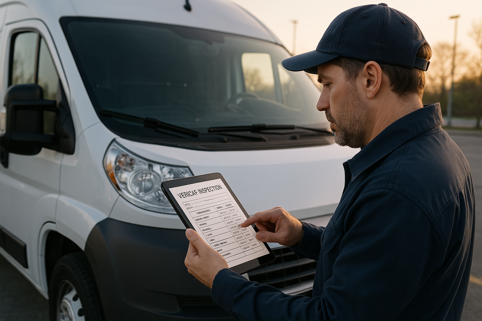 Driver completing inspection on tablet